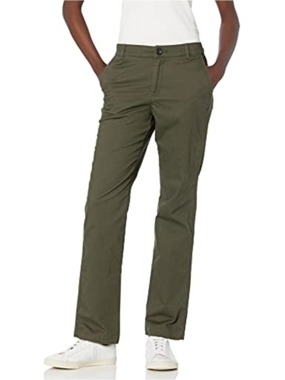 Women's Full Length Straight Leg Chino Pants Mid Rise Slim Fit Khaki Work Pants
